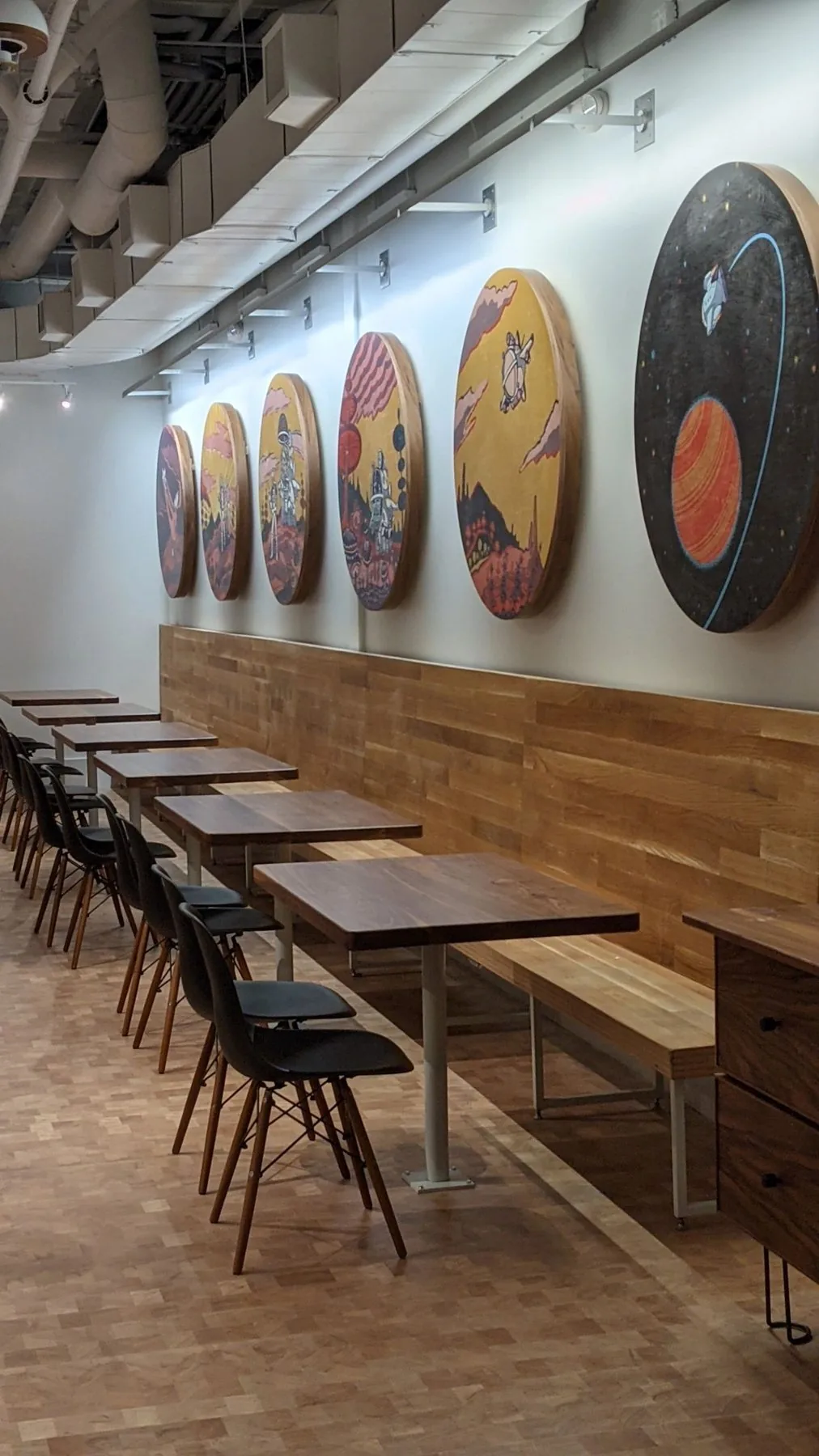 Custom tables and bench seating in a restaurant